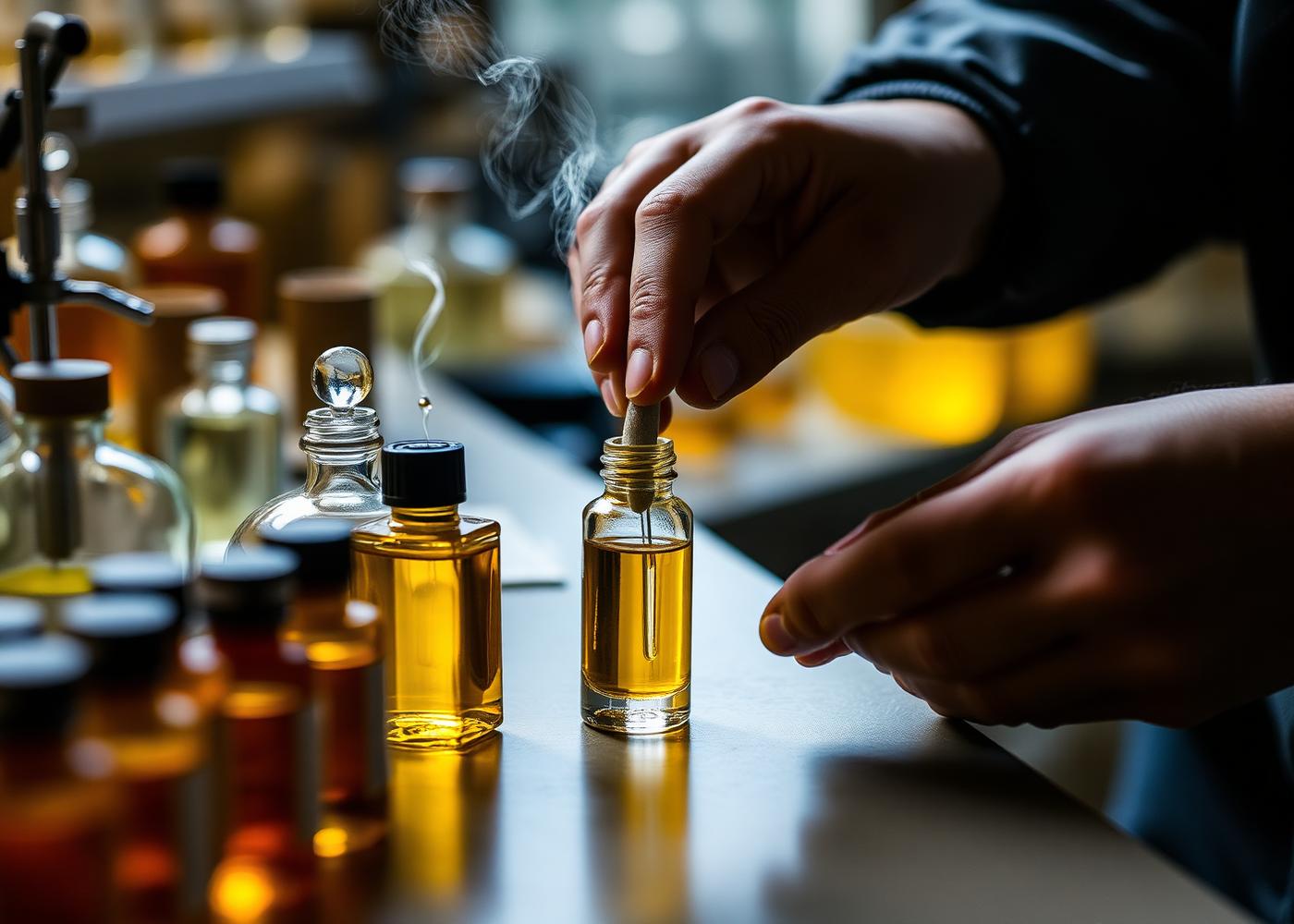 Perfumer weighing raw essences at the CB16 atelier bench